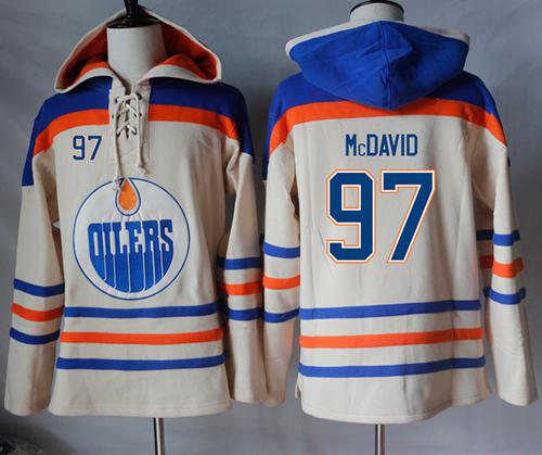 Oilers #97 Connor McDavid Cream Sawyer Hooded Sweatshirt Stitched NHL Jersey - Click Image to Close